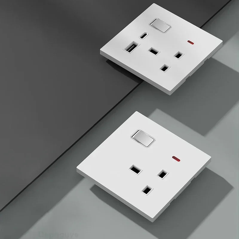 UK Standard Power Socket 13A Quick charge Plug 20W Smart Type-C Wall Outlet,220V Electrical Universal Wall Light 2way Switch