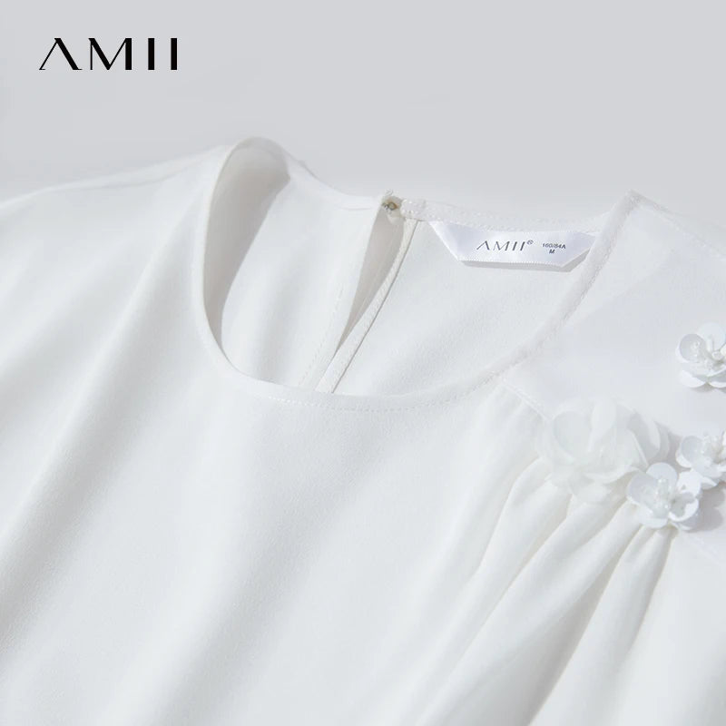 Amii Women Minimalist Blouse 2026 Summer New Solid Color O-Neck Elegant Chiffon Tops Loose Short Sleeves Flower Blouse 12512026