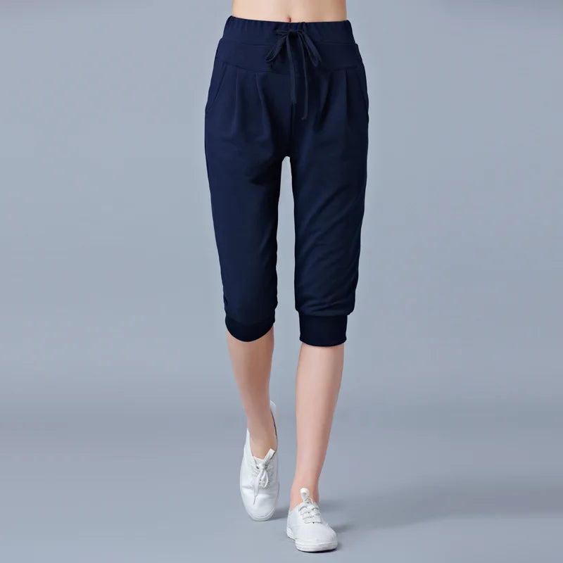 Women Blue High-waisted Stretch Cropped Pants, Summer Gray Lightweight Athletic Harem Pants, Black Drawstring Shorts, Asian Size
