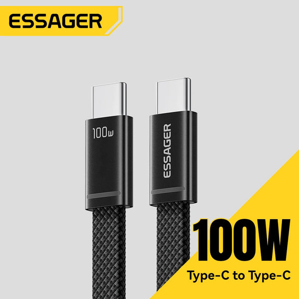 ខ្សែសាក ESSAGER 100W USB C ទៅ Type C Slim 5A PD សាកថ្មលឿនសម្រាប់ MacBook iPhone 17 16 Pro Max iPad Xiaomi Laptops USB-C Data Cord