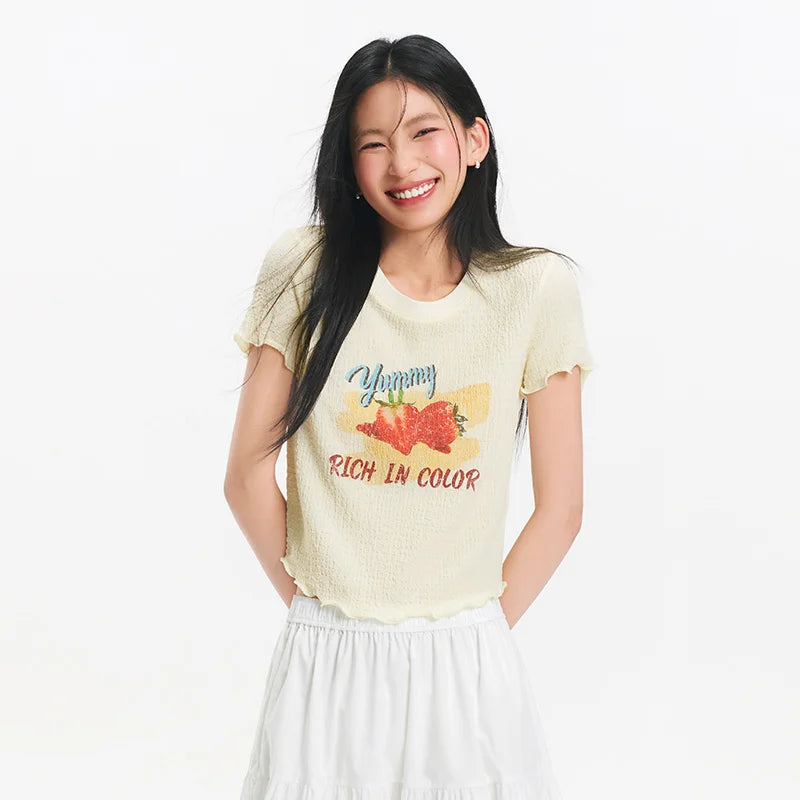 Semir Women Fruit Print T-Shirt Ruffle Hem Textured Slim Fit 2025 Summer Soft Aesthetic