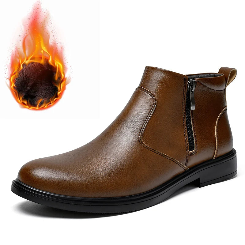 Men's Chelsea Ankle Boots Leather With Double Side Zippers "Plush" and "No Plush" two options