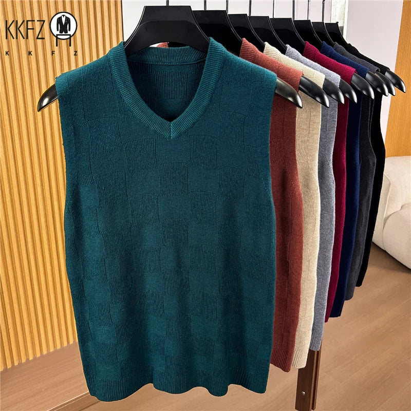 Mens Lightweight Jacquard Knitted Sleeveless Vest V Neck Textured Sweater Tank Top For Daily Commute And Business Matching