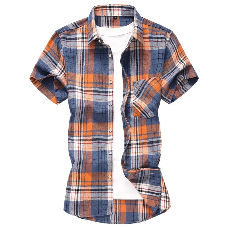 Men Red Striped Plaid Short-sleeved Shirt, Single-breasted Square Collar Cotton Shirts Summer Fashion Casual Camisa Men Chemise
