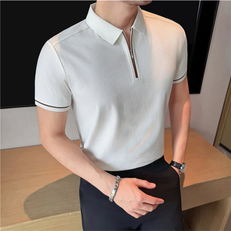 Men's Summer Polo Shirt - Striped, Zip Front, Cooling Fabric Breathable, Sweat-wicking, Casual Daily T-shirt
