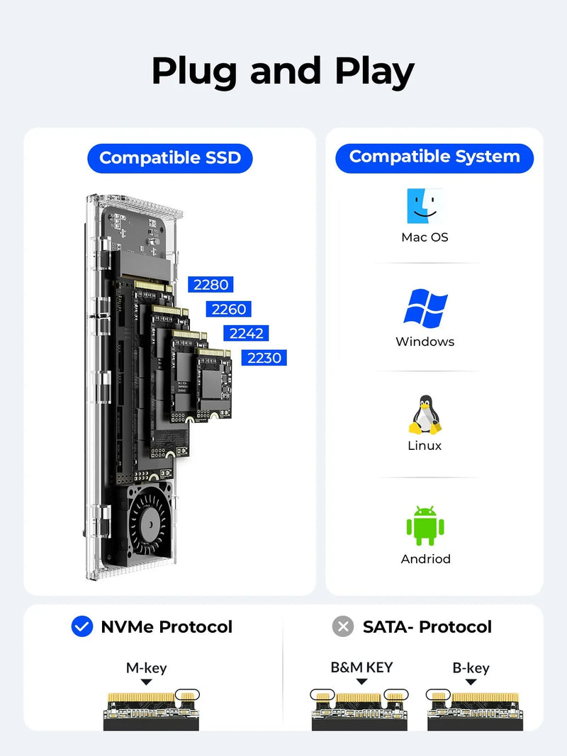 ORICO 20Gbps M.2 NVME SSD Case Enclosure with Cooling Fan USB 3.2 Gen 2 x 2 PCIE NVME Adapter Tool Free 4TB for PCIe M Key