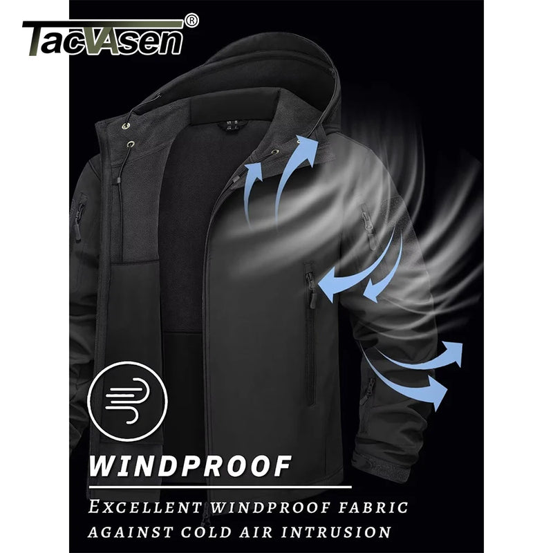 TACVASEN Men's Working Outdoors Jacket Warm Fleece Lined Hooded Coat Waterproof Soft-shell Multiple Zippered Pockets Jacket