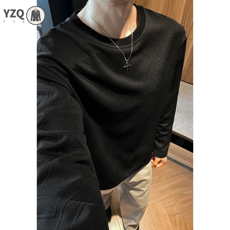 Men Crew Neck Long Sleeve Sweatshirt Maze Geometric Embossed Jacquard Oversized Silhouette For Autumn Daily Street Wear