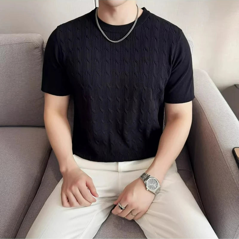 Men's Summer Slim Fit Knitted Polo Shirt - Mature Style Short Sleeve Grid Pattern Business Casual Top with Contrast Collar