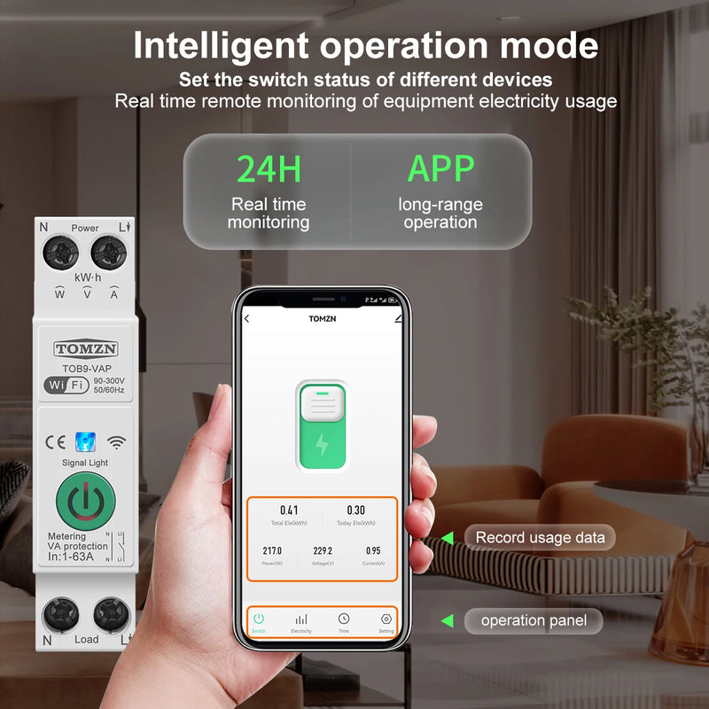 TOMZN 63A TUYA WiFi Smart Circuit Breaker Over Current Under Voltage Protection Power Metering Wireless Remote Control Switch