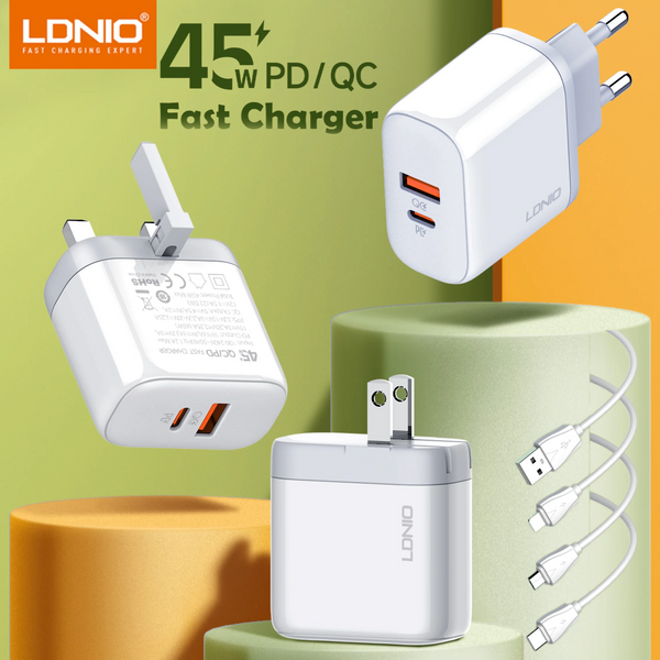 ឆ្នាំងសាក LDNIO USB C 45W សាកថ្មលឿន 2 រន្ធ ប្រភេទ C ឆ្នាំងសាកជញ្ជាំង PD QC4.0 Power Adapter សាកថ្មលឿនសម្រាប់ Samsung Xiaomi iPhone