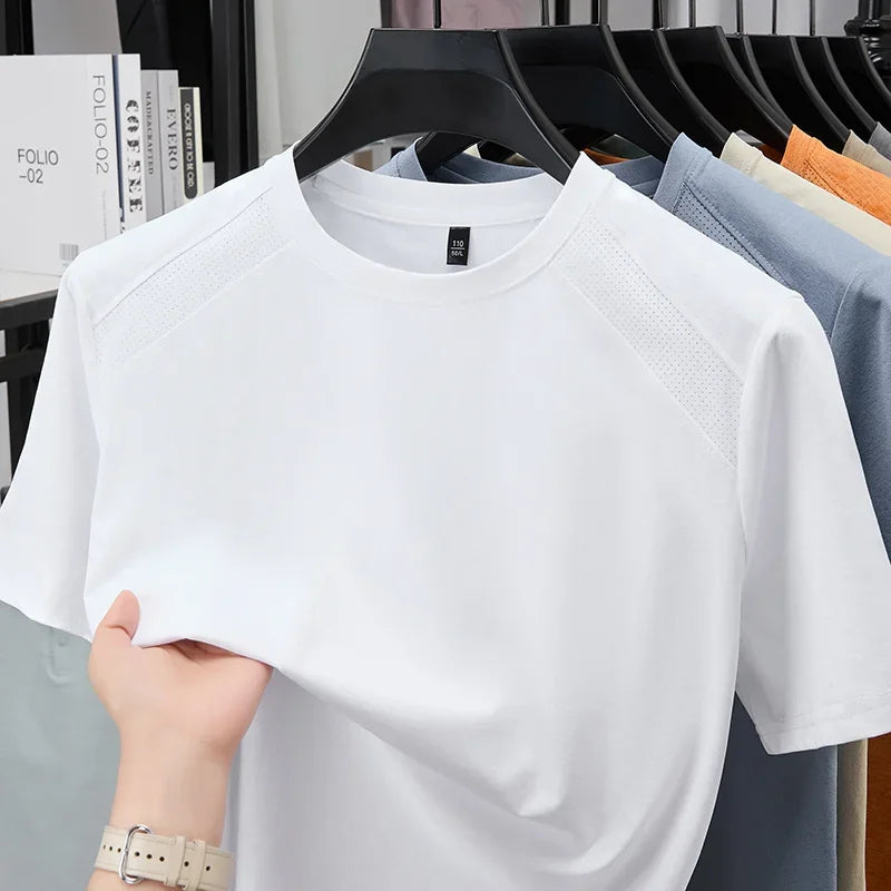 All Season Basic Solid Male Short Sleeve T Shirt Mesh Spliced Shoulder Home Rest Daily Commute Leisure Garment