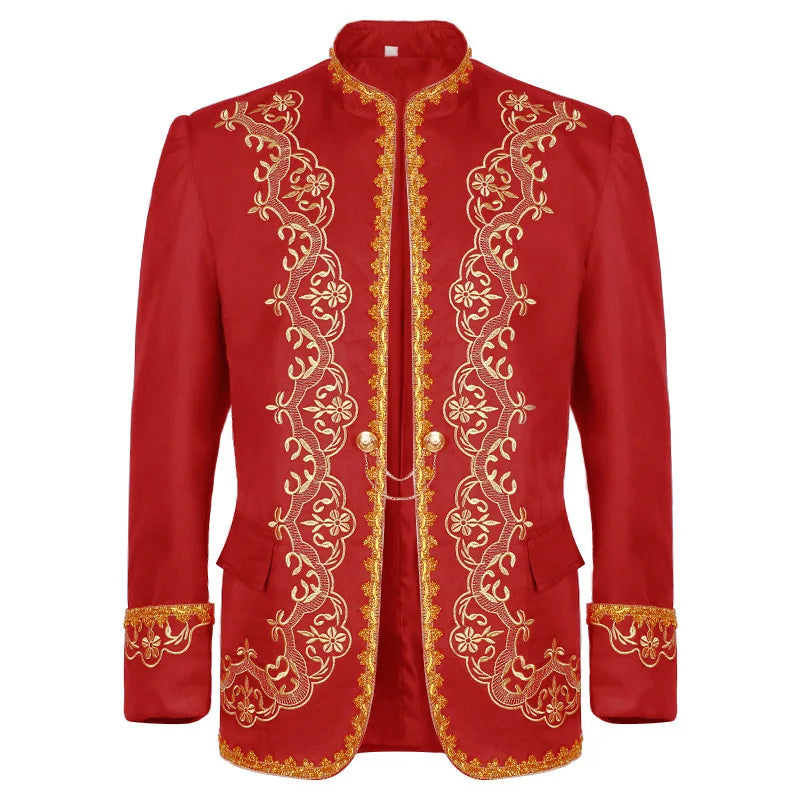 Vintage-style Men's Black Long-sleeve Stand-up Collar Jacket with Gold Embroidery, Perfect for Weddings, Parties, and Cosplay.
