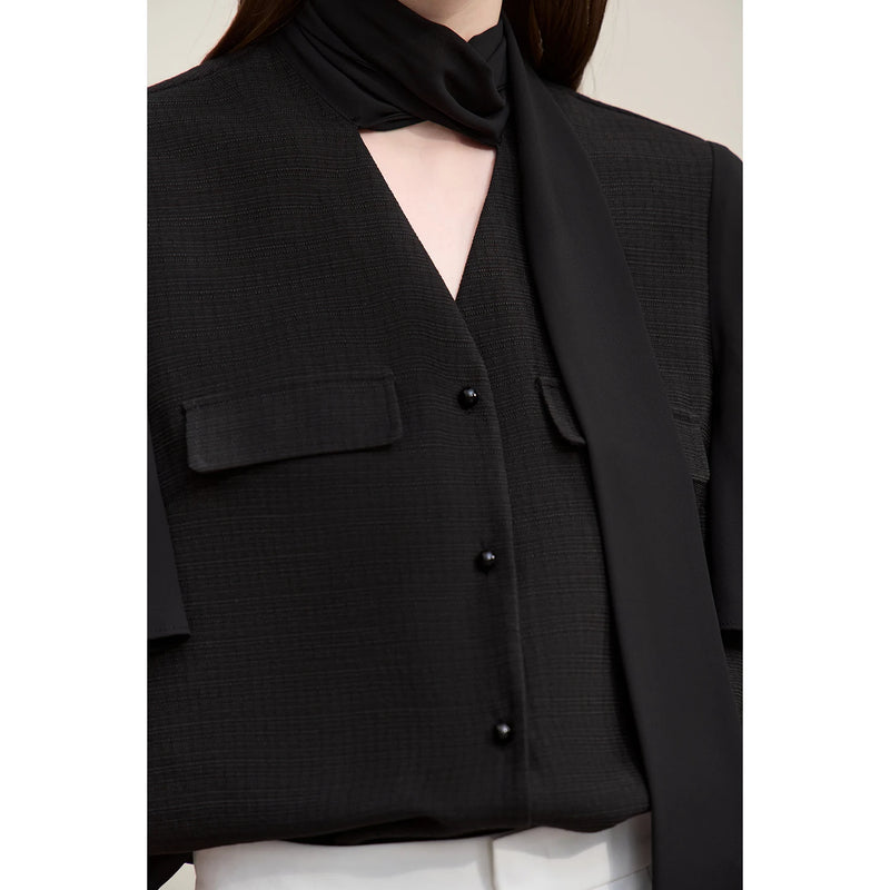 Amii Women's Chiffon Blouse 2026 Summer New Tie Neck Flutter Sleeve Acetate Top Elegant Casual Patchwork Blouse Female 12652043