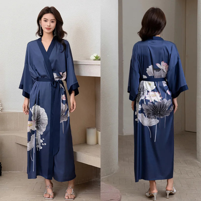 Women Ice Silk Rayon Home Dress Black Print Flower Long Robe Nightgown Spring Summer Half Sleeve Kimono Bathrobe Gown