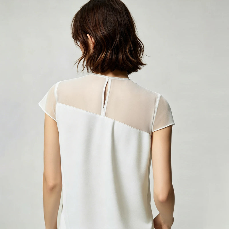Amii Women's Blouse 2026 Summer New Round Neck Asymmetric Panel Patchwork Shirt Shirred Cap Sleeve Casual Chiffon Top 12642190