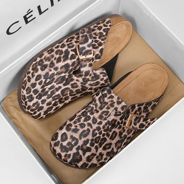 Unisex Leopard Print Cork Slippers Slip-On Backless Clogs Comfort Footbed Indoor Outdoor Sandals for Men and Women