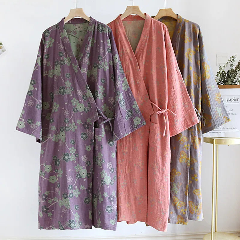 Spring Summer 100% Cotton Sleepwear Jacquard Japanese Kimono Sleeping Robe Loose Comfortable Home Bathrobe Women Dressing Gowns