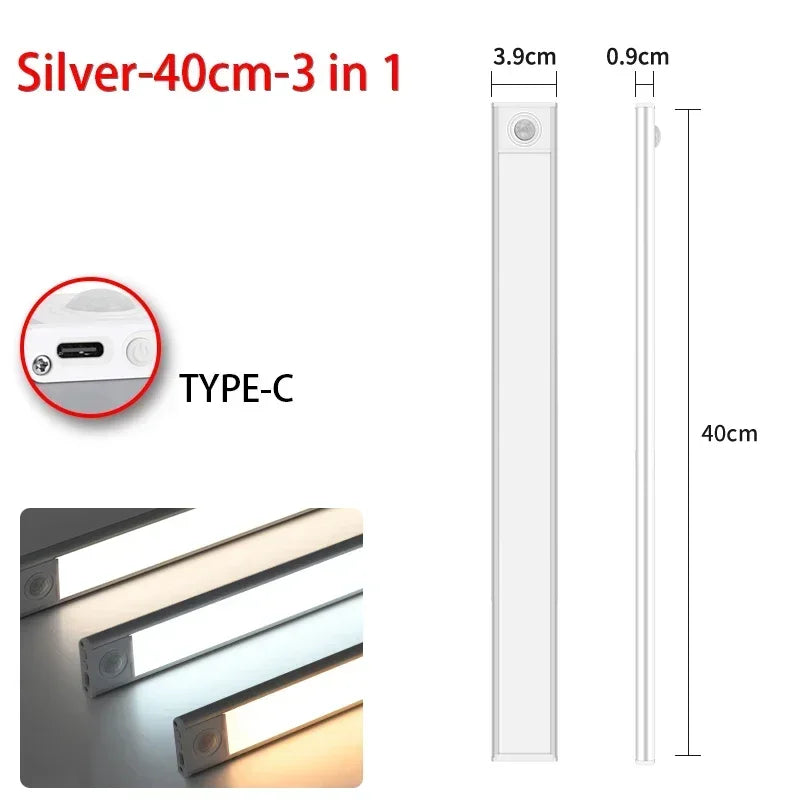 10-60CM LED Night Light Wireless Motion Sensor Under Cabinet Lights Ultra Thin USB Rechargeable Lamp Kitchen Bedroom Lighting