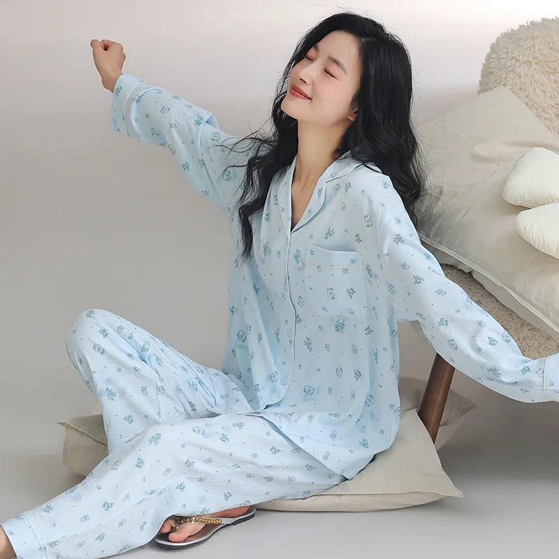 Pajama Woman Winter Cotton Spring Autumn Home Clothes Lapel Shirt Pant Suit Casual Printed Sleepwear Set New Pyjamas Femme