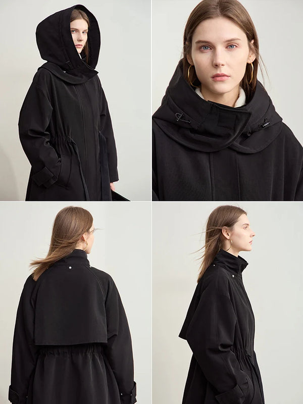 AMII Minimalism Down Jacket for Woman Spliced Detachable Cap Drawstring Belt 2026 Winter Long Casual Warm Overcoat 12444037