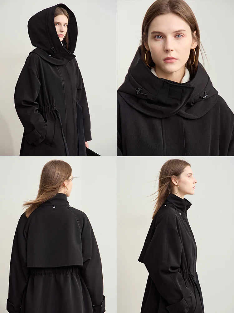 AMII Minimalism Down Jacket for Woman Spliced Detachable Cap Drawstring Belt 2026 Winter Long Casual Warm Overcoat 12444037