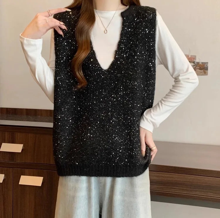 2026 V-neck Sequined Vest Large Size Women's Clothing Spring and Autumn Loose Sleeveless Top Knitwear Ladies Sweater Waistcoat