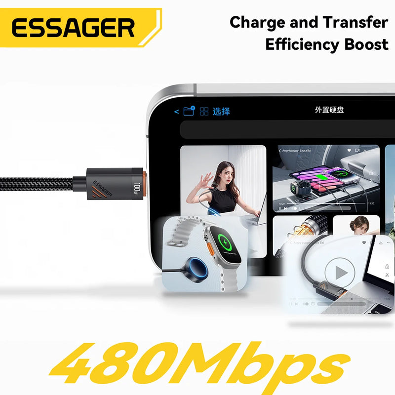 ខ្សែសាករថយន្ត Essager ប្រភេទ C សម្រាប់ iPhone 17 16 15 Pro Xiaomi Samsung 100W PD សាកលឿនសម្រាប់ Macbook iPad ខ្សែ Type C ដល់ C
