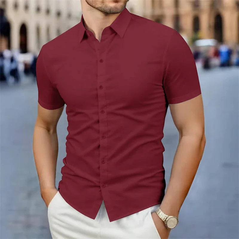 Men's Business Casual Solid Color Short Sleeve Shirt Summer Fashion No Ironing Comfortable Versatile Top for Men