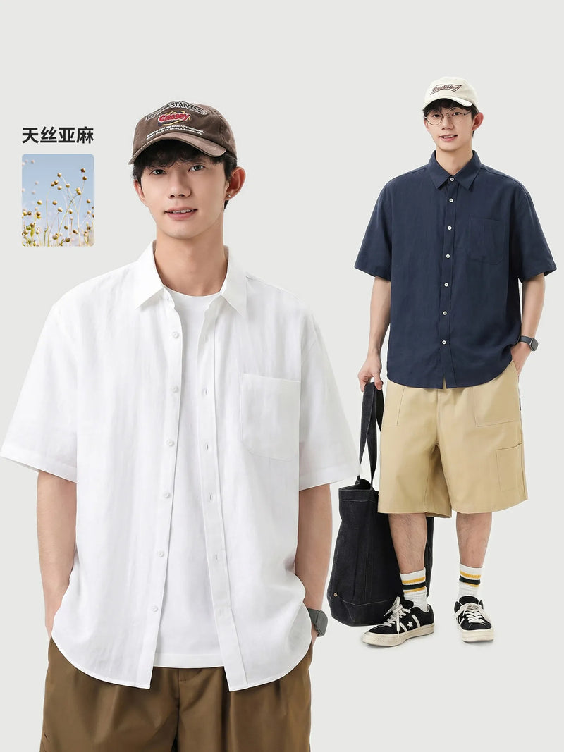 DUKEEN Men's Lyocell Linen Shirt Summer Short Sleeve Lightweight Breathable Cooling Casual Button Down Shirt