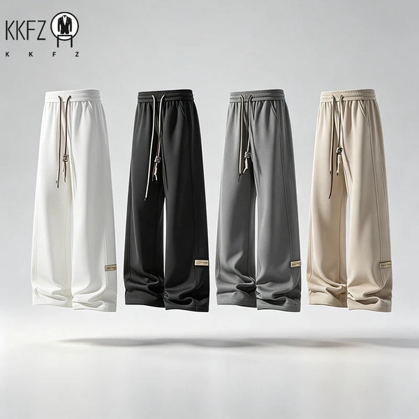 Men Comfort Loose Straight Waffle Trousers Elastic Waistband Drawstring Design Tag Decor Male Street Daily Wear Pants