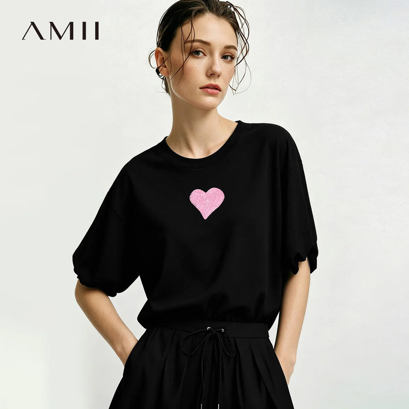Amii Women's Short Sleeve Tee 2026 Summer New Heart Embroidered Round Neck Drop Shoulder T-shirt Loose Fit Casual Top 12622191