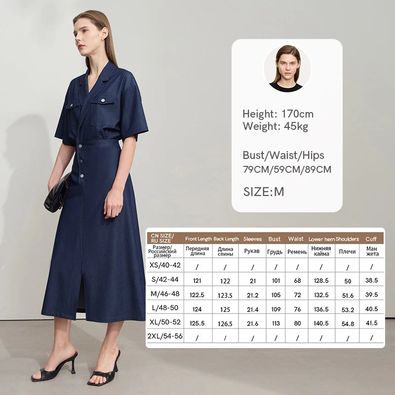 Amii Straight Dress Denim Women 2025 Summer Simple Short Sleeve Office Lady Jean Flip Neck Draped Cool Shirt Dress 12542067