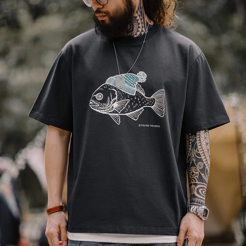 Maden Vintage Flocked Print Short-sleeved T-shirts Animal Pattern Cotton Round Neck Tops for Men's Summer Casual Loose Fit Tee