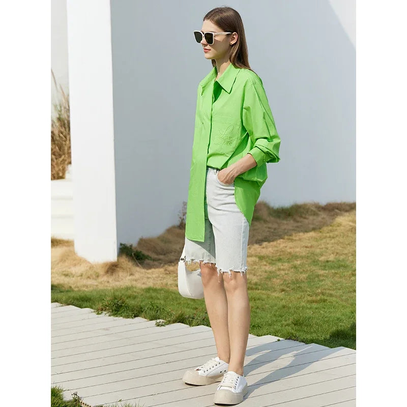 AMII Women's Shirt 2026 Autumn New 100% Cotton Fashion Loose Turn-down Collar Embroidery Solid Mid-length Blouse Tops 12371039