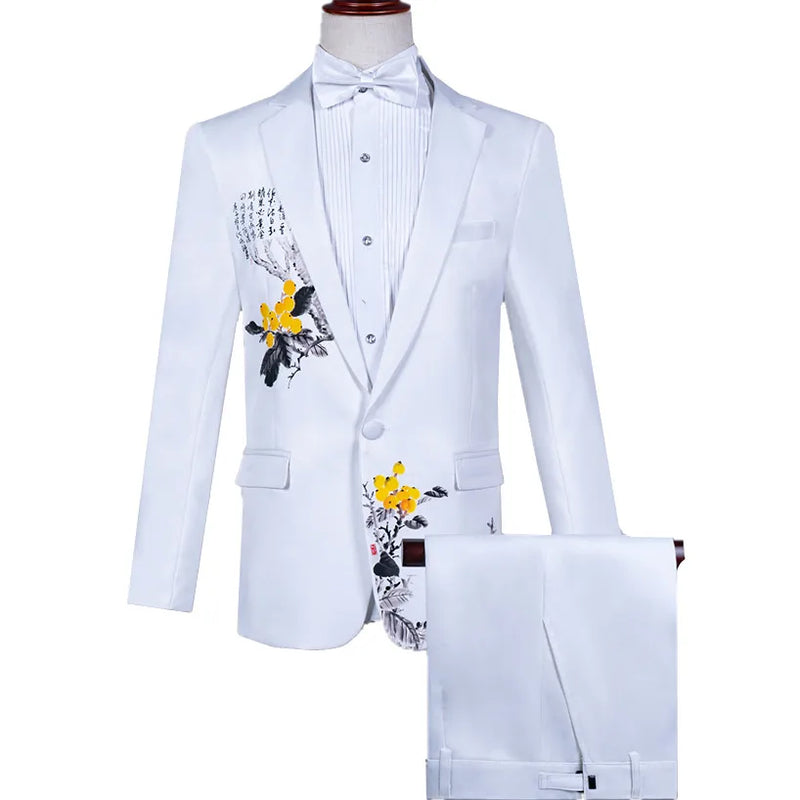 Men's Black Tuxedo Set with Diamond Embellished Jacket and Matching Trousers in White for Choirs/Stage Performances/Weddings