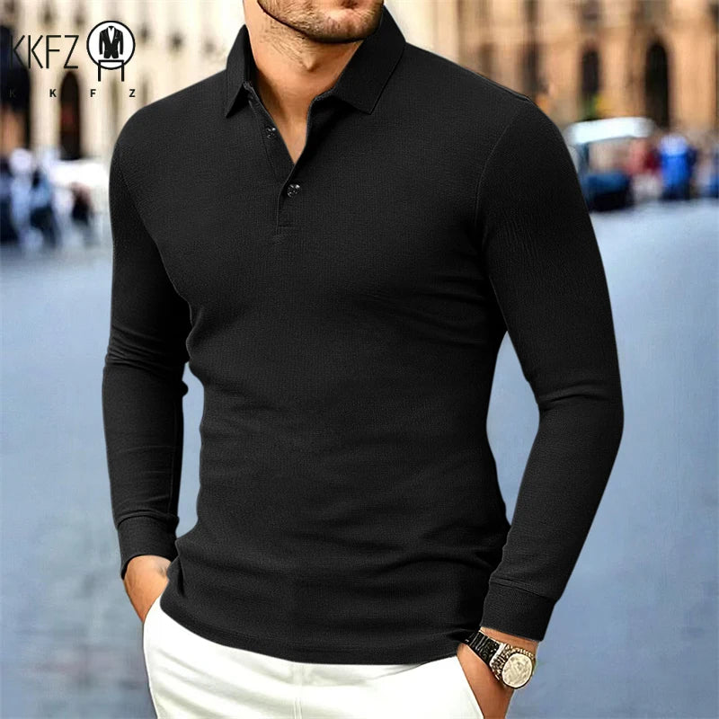 Men's Business Casual Long Sleeved Shirt Solid Color Fashionable Breathable Comfortable Versatile Polo Top
