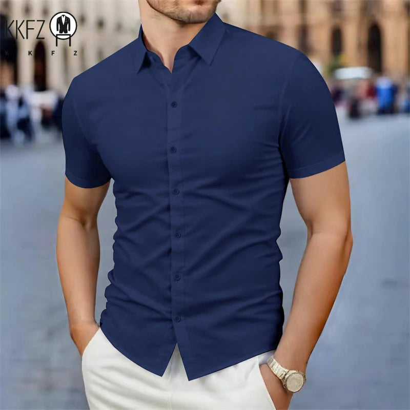 Men's Business Casual Solid Color Short Sleeve Shirt Summer Fashion No Ironing Comfortable Versatile Top for Men