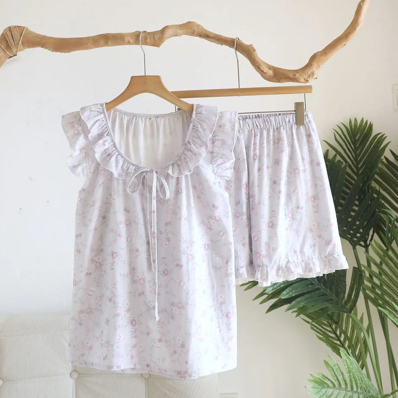 Gauze Cotton Pajama Set Woman Night Clothes New Floral Summer Sleeveless Pyjama Sleepwear Women's Home Suit Night Wear Female