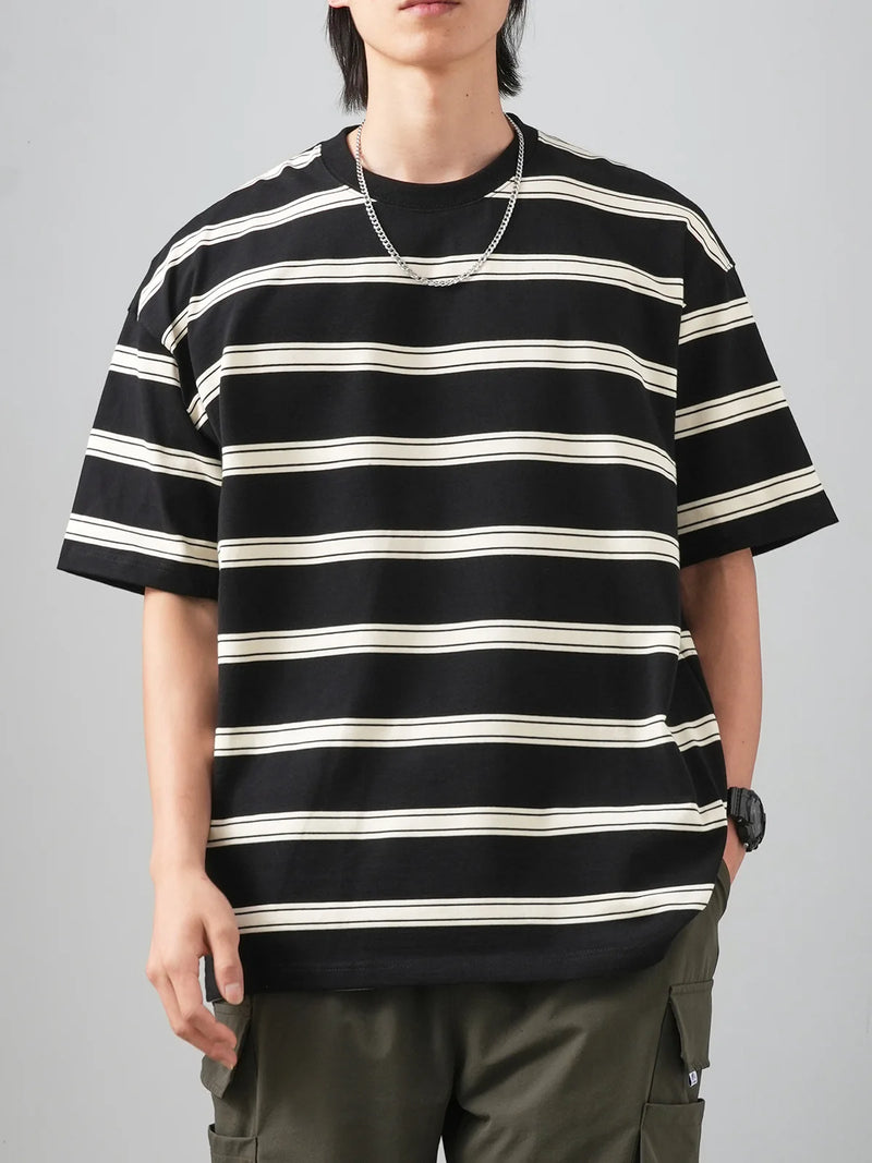 DUKEEN 320G Heavyweight Striped T Shirt for Men Summer Fashion 100% Cotton Crew Neck Short Sleeve Tees Couple Clothing Oversize