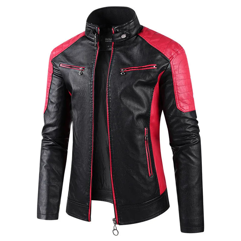 Autumn Men's Stand Collar Color-Block PU Jacket, Black Faux Leather Jackets, Spring Casual Coat. Asian Size Loose Fit Top.