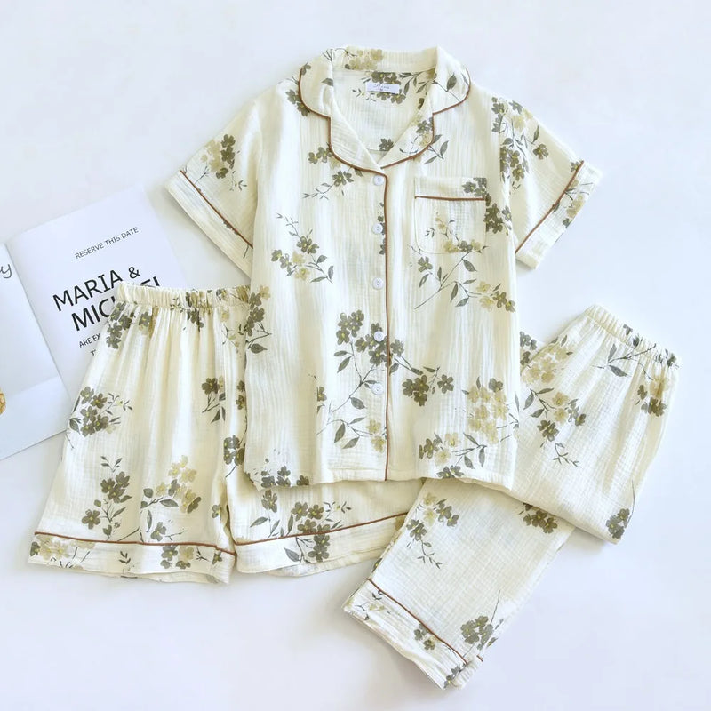 Women's Summer 3PCS Pajama Sets Lapel Short Sleeve Sleepwear Homewear Loungewear Cardigan Home Suit Pijama Night Wear Female