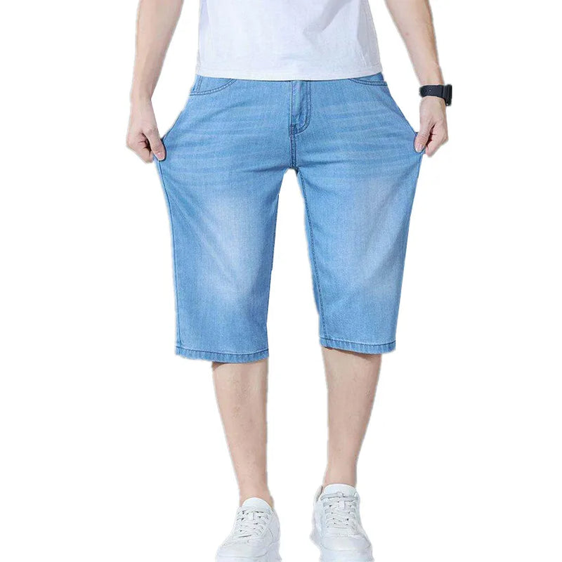 2026 Summer Thin Blue Men's Jeans Shorts, Fashion Casual Stretch Denim Shorts, Asian Size Black Knee Length Pants