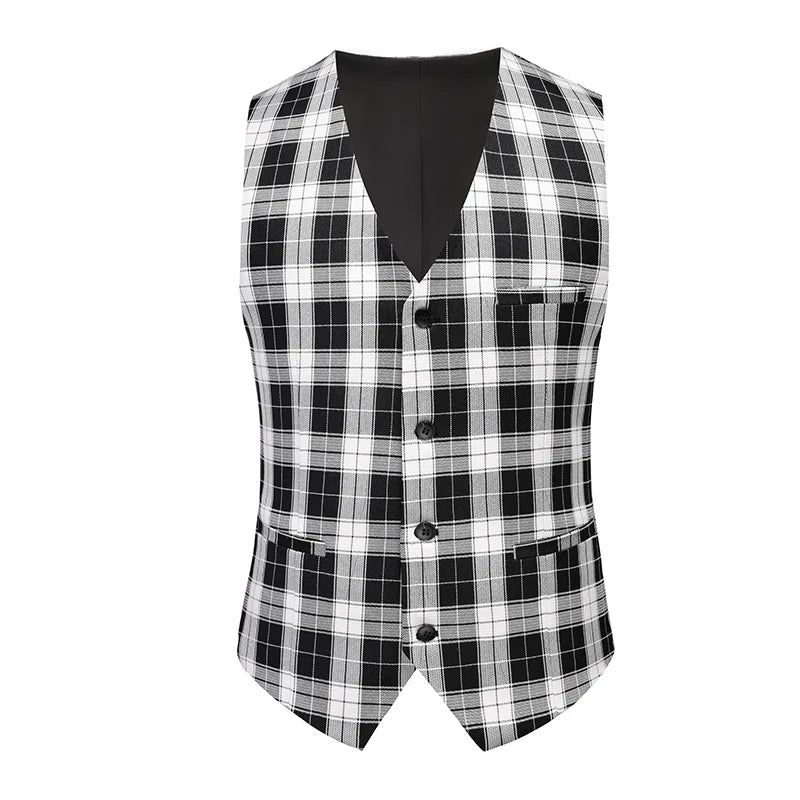 2026 New Men's Business Casual Sleeveless Vest Coat, Black and White Plaid Vests - Asian Size Slim-Fit Waistcoat. New 2026