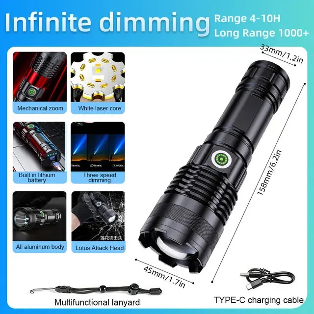 ពិលឡាស៊ែរ LED អាចសាកបាន កែវពង្រីកពង្រីក ពិលយុទ្ធសាស្ត្រ ភ្លឺខ្លាំង សម្រាប់បោះតង់ ឡើងភ្នំ សង្គ្រោះបន្ទាន់ ភ្លើងពិលកាន់ដៃ