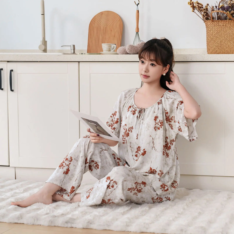 Thin Summer Wear Short Sleeve Home Suit For Women Pajamas Ladies Two-piece Set Pyjama Femmes Floral 2PCS Women's Pajamas Set