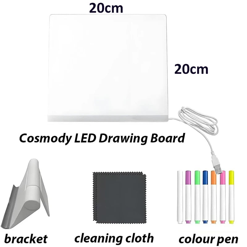 LED Drawing Pad Luminous Acrylic Memo Message Erase Board with Colors Pen and Stand Drawing Board for Children's Toy Gift