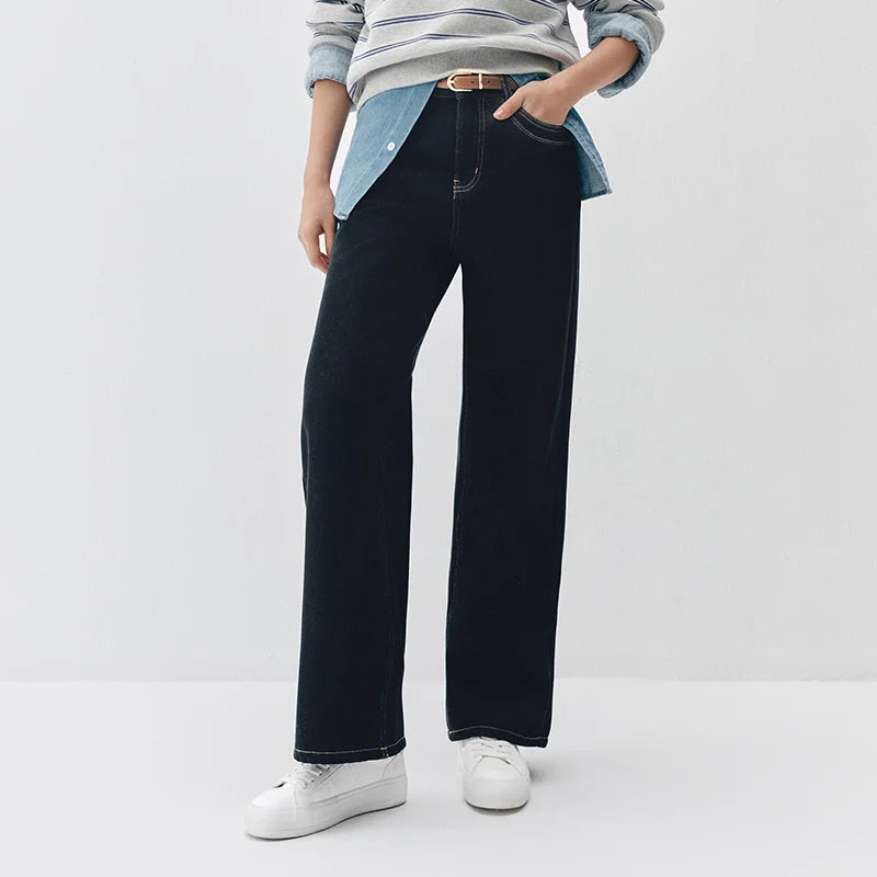 Semir Women Jeans Fleece Lined Wide Leg Washed Finish Warm Insulation Soft Touch 2026 Winter Everyday Style Full Length