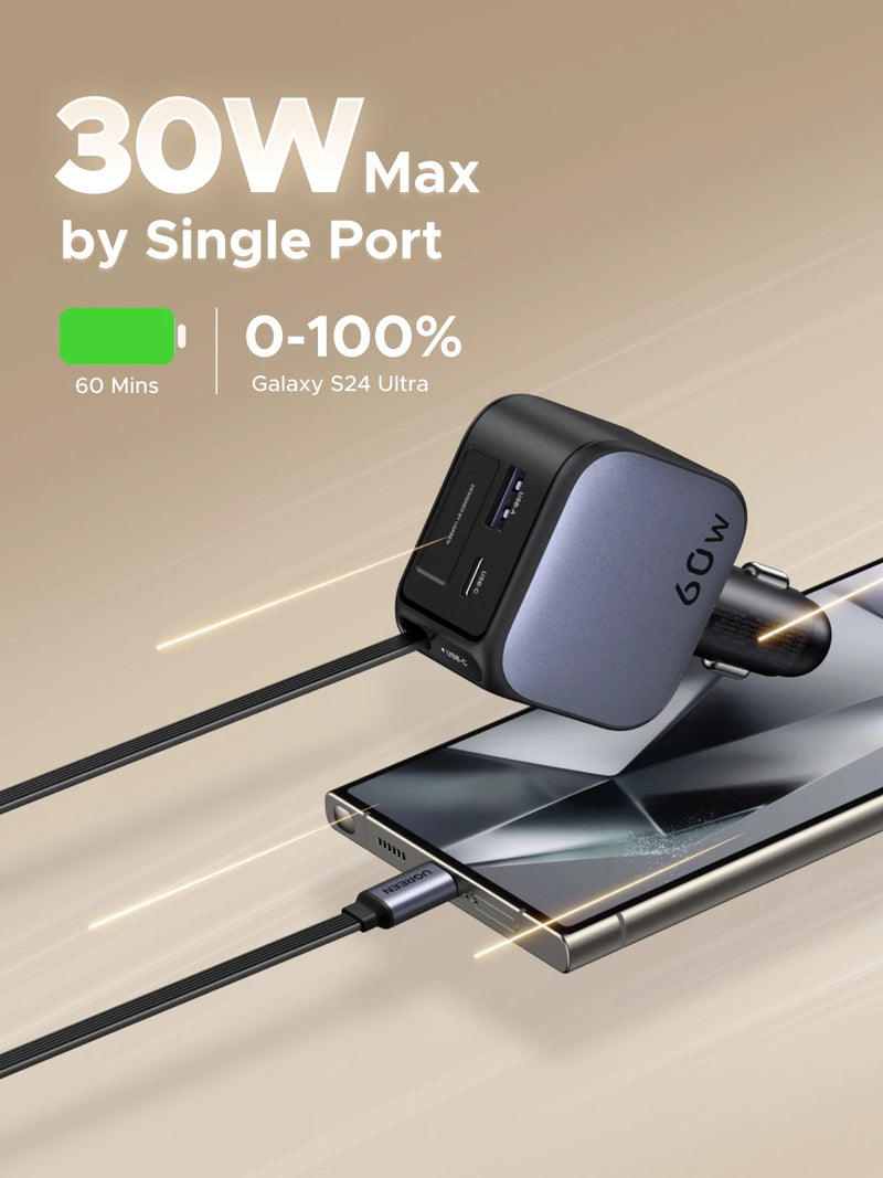 UGREEN 60W Retractable Car Charger Fast Charge for iPhone Samsung Mobile Phone Car Charger