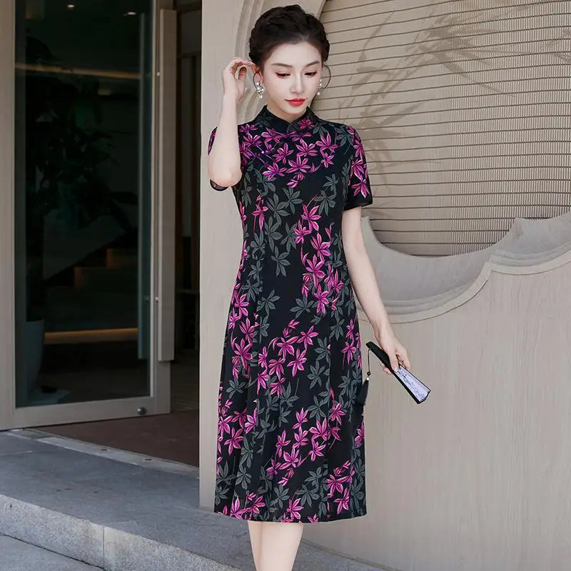 រ៉ូប Cheongsam រដូវក្តៅ កអាវផ្កាបាក់ សម្លៀកបំពាក់នារី រ៉ូបចង្កេះរាងអក្សរ A បែបចិនបុរាណ